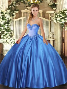 Blue Satin Lace Up Sweetheart Sleeveless Floor Length Quinceanera Dresses Beading