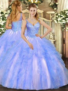 Custom Design Blue Ball Gown Prom Dress Military Ball and Sweet 16 and Quinceanera with Beading and Ruffles V-neck Sleeveless Lace Up