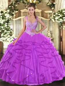 Perfect Eggplant Purple Sleeveless Beading and Ruffles Floor Length Sweet 16 Quinceanera Dress