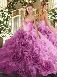 Rose Pink Lace Up Sweetheart Beading Quinceanera Dress Fabric With Rolling Flowers Sleeveless