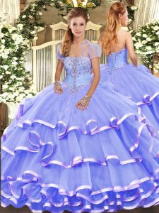 Stunning Strapless Sleeveless Organza Quinceanera Dress Appliques and Ruffled Layers Lace Up
