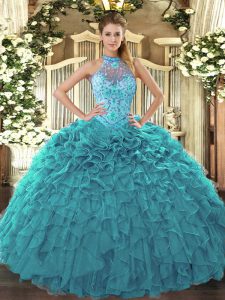 Unique Floor Length Teal Ball Gown Prom Dress Halter Top Sleeveless Lace Up