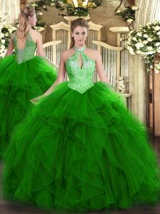 Beautiful Green Lace Up Halter Top Ruffles and Sequins Quinceanera Dress Organza Sleeveless