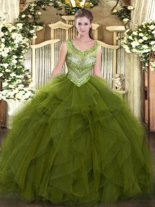 Clearance Tulle Scoop Sleeveless Lace Up Beading and Ruffles Quinceanera Dress in Olive Green