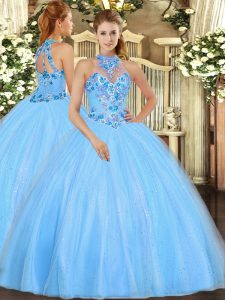 Affordable Floor Length Ball Gowns Sleeveless Baby Blue Quinceanera Gown Lace Up