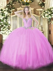 Sleeveless Floor Length Beading Lace Up Quinceanera Gown with Lilac
