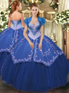 Modern Blue Sleeveless Satin and Tulle Lace Up 15 Quinceanera Dress for Military Ball and Sweet 16 and Quinceanera