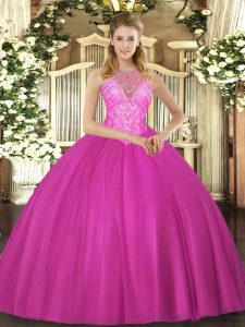 Cheap Beading Sweet 16 Quinceanera Dress Fuchsia Lace Up Sleeveless Floor Length
