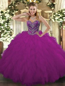 Ball Gowns Sweet 16 Quinceanera Dress Fuchsia Sweetheart Tulle Sleeveless Floor Length Lace Up