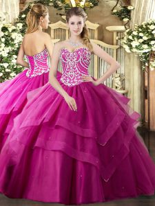Stylish Sweetheart Sleeveless 15th Birthday Dress Floor Length Beading and Ruffled Layers Fuchsia Tulle
