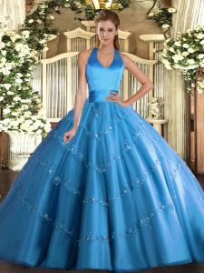 Baby Blue Tulle Lace Up Halter Top Sleeveless Floor Length Sweet 16 Quinceanera Dress Appliques