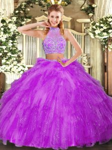 Flare Fuchsia Halter Top Criss Cross Beading and Ruffles Quinceanera Gowns Sleeveless