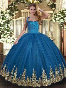 Top Selling Sleeveless Floor Length Appliques Lace Up Quinceanera Dress with Blue