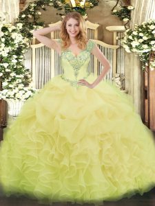 Eye-catching Floor Length Ball Gowns Sleeveless Yellow 15th Birthday Dress Lace Up