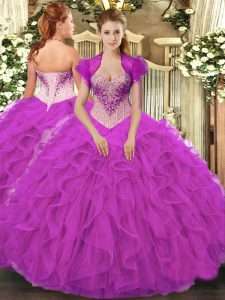 Sophisticated Fuchsia Sleeveless Beading and Ruffles Floor Length Quince Ball Gowns