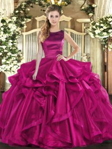 Fuchsia Sleeveless Floor Length Ruffles Lace Up 15th Birthday Dress