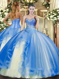 Baby Blue Lace Up 15 Quinceanera Dress Beading and Ruffles Sleeveless Floor Length