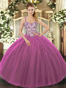 Straps Sleeveless Tulle Quinceanera Gown Beading and Appliques Lace Up