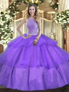 Lavender High-neck Lace Up Beading and Ruffled Layers Quince Ball Gowns Sleeveless