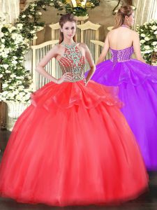 Affordable Coral Red Ball Gowns Halter Top Sleeveless Tulle Floor Length Lace Up Beading and Ruffles Quinceanera Dress