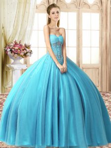 Best Selling Aqua Blue Lace Up Sweetheart Beading Quinceanera Gowns Tulle Sleeveless