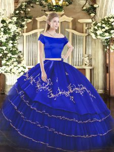 Two Pieces Quinceanera Dresses Royal Blue Off The Shoulder Organza and Taffeta Short Sleeves Floor Length Zipper