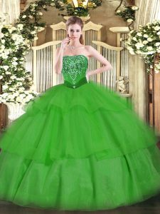 Graceful Green Ball Gowns Tulle Strapless Sleeveless Beading and Ruffled Layers Floor Length Lace Up Ball Gown Prom Dress