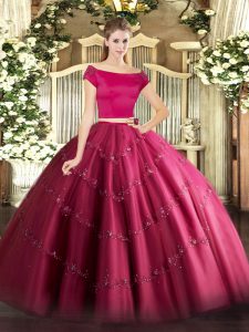 Nice Hot Pink Two Pieces Appliques Quince Ball Gowns Zipper Tulle Short Sleeves Floor Length