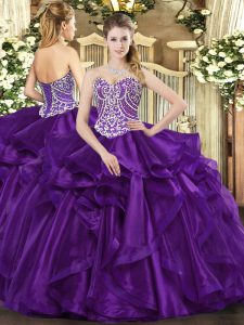 Decent Beading and Ruffles Quinceanera Dresses Purple Lace Up Sleeveless Floor Length