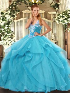 Floor Length Aqua Blue Sweet 16 Dresses Tulle Sleeveless Beading and Ruffles