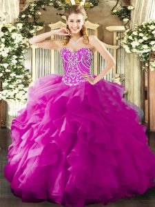 Fashionable Sweetheart Sleeveless 15th Birthday Dress Floor Length Beading and Ruffles Fuchsia Organza