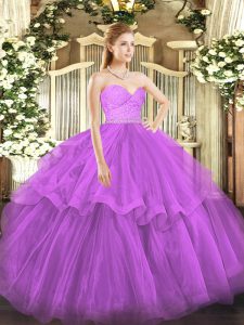 Fancy Sleeveless Tulle Brush Train Zipper Sweet 16 Dress in Fuchsia with Beading and Lace and Ruffled Layers