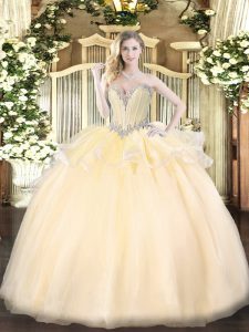 Vintage Champagne Ball Gowns Organza Sweetheart Sleeveless Beading Floor Length Lace Up 15th Birthday Dress