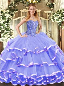 Popular Lavender Ball Gowns Sweetheart Sleeveless Organza Floor Length Lace Up Beading and Ruffled Layers Sweet 16 Dress