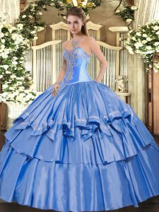 Custom Fit Sleeveless Organza and Taffeta Floor Length Lace Up Sweet 16 Quinceanera Dress in Baby Blue with Beading and Ruffled Layers