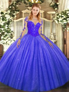 Pretty Blue Ball Gowns Lace Sweet 16 Dress Lace Up Tulle Long Sleeves Floor Length