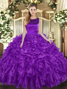 Gorgeous Eggplant Purple Ball Gowns Scoop Sleeveless Organza Floor Length Lace Up Ruffles Sweet 16 Dress