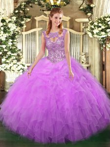 Fantastic Tulle Scoop Sleeveless Lace Up Beading and Ruffles Sweet 16 Dresses in Lilac