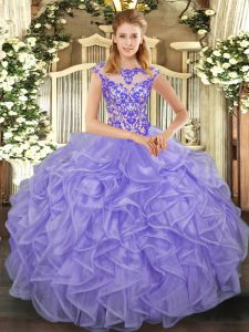 Organza Cap Sleeves Floor Length 15th Birthday Dress and Beading and Appliques and Ruffles