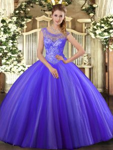Lavender Ball Gowns Scoop Sleeveless Tulle Floor Length Lace Up Beading Sweet 16 Quinceanera Dress