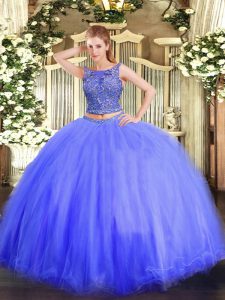 Gorgeous Scoop Sleeveless Sweet 16 Quinceanera Dress Floor Length Beading Blue Tulle