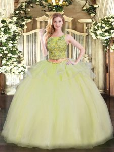 Two Pieces 15th Birthday Dress Yellow Scoop Organza Sleeveless Floor Length Lace Up