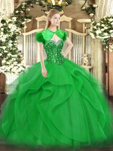 Green Lace Up Sweet 16 Dress Beading and Ruffles Sleeveless Floor Length