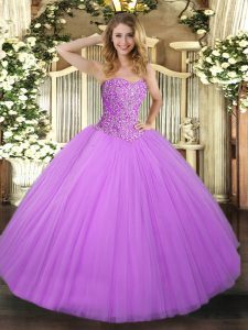 Dramatic Lilac Lace Up Quince Ball Gowns Beading Sleeveless Floor Length