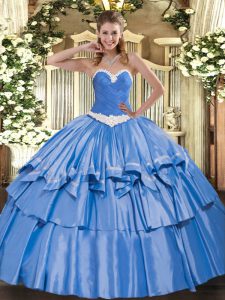 Blue Ball Gowns Sweetheart Sleeveless Organza and Taffeta Floor Length Lace Up Appliques and Ruffled Layers Quinceanera Gown