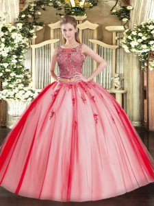 Flare Scoop Sleeveless 15 Quinceanera Dress Floor Length Beading and Appliques Coral Red Tulle