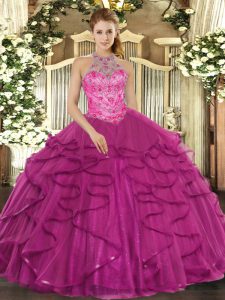 Flirting Fuchsia Halter Top Neckline Beading and Ruffles Quinceanera Dresses Sleeveless Lace Up