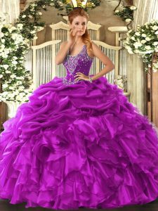 Custom Fit Fuchsia Straps Lace Up Beading and Ruffles and Pick Ups Quince Ball Gowns Sleeveless