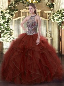 On Sale Rust Red Organza Lace Up Halter Top Sleeveless Floor Length Quince Ball Gowns Beading and Ruffles