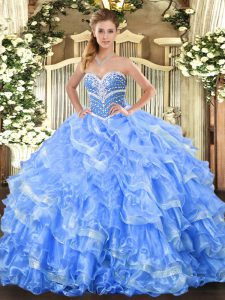 Baby Blue Ball Gowns Beading and Ruffled Layers 15th Birthday Dress Lace Up Organza Sleeveless Floor Length